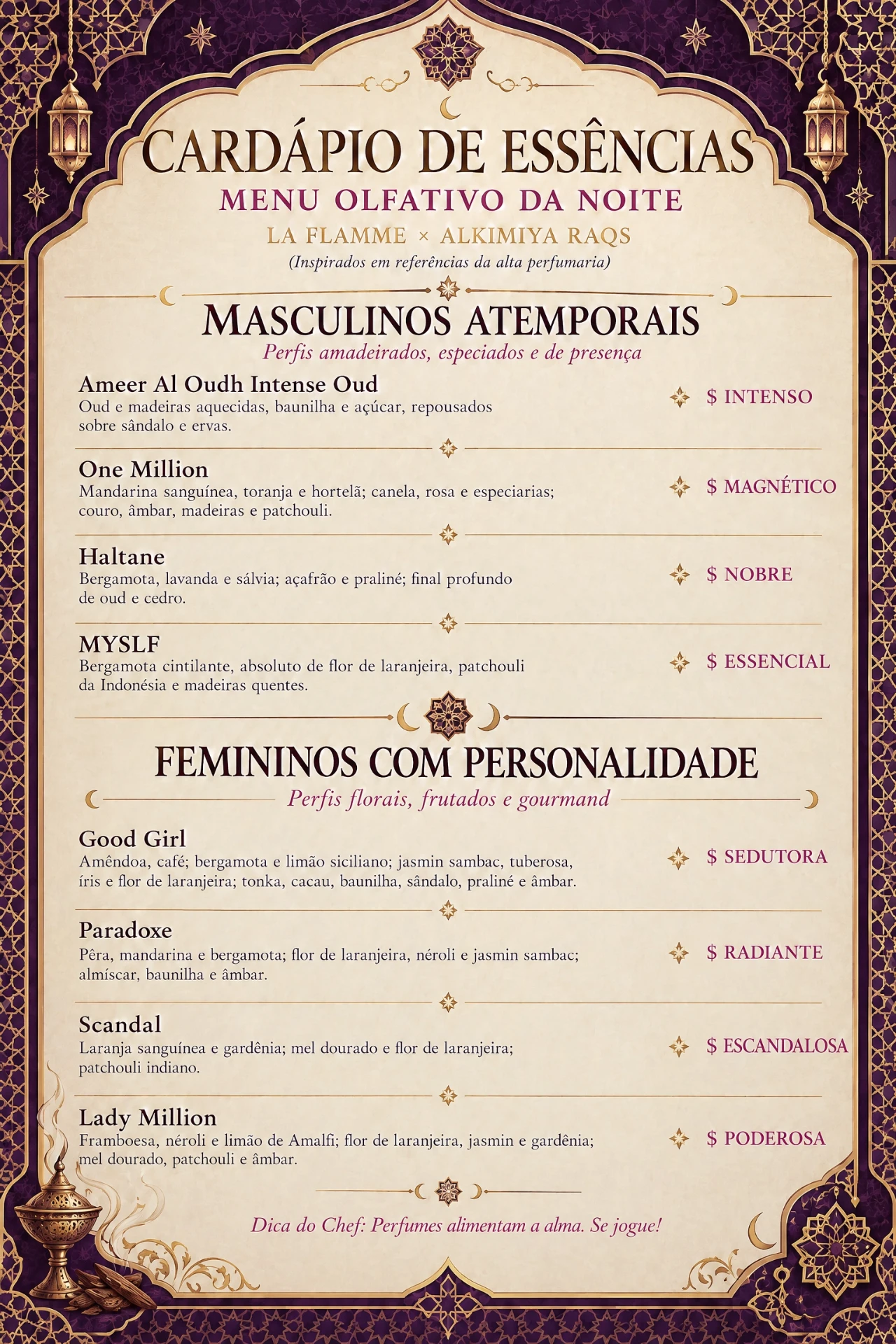 Cardápio de essências da La Flamme no Festival Alkimiya Raqs