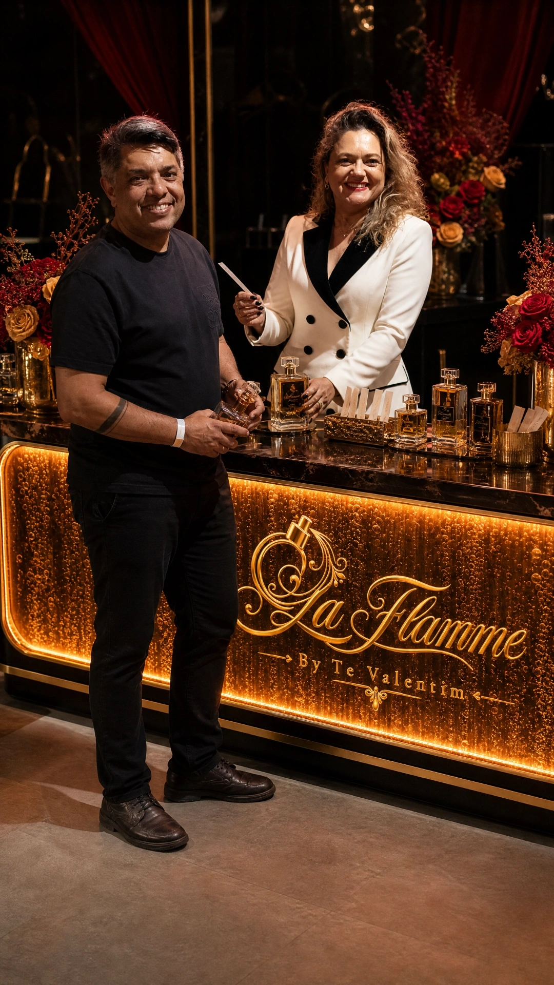 Bancada iluminada com frascos dourados no Perfume Bar La Flamme