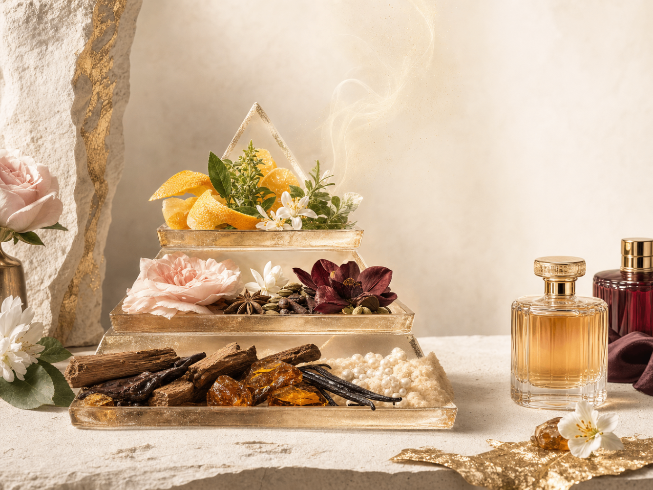 Composição em camadas com ingredientes distribuídos em níveis, sugerindo a evolução do perfume em três atos.