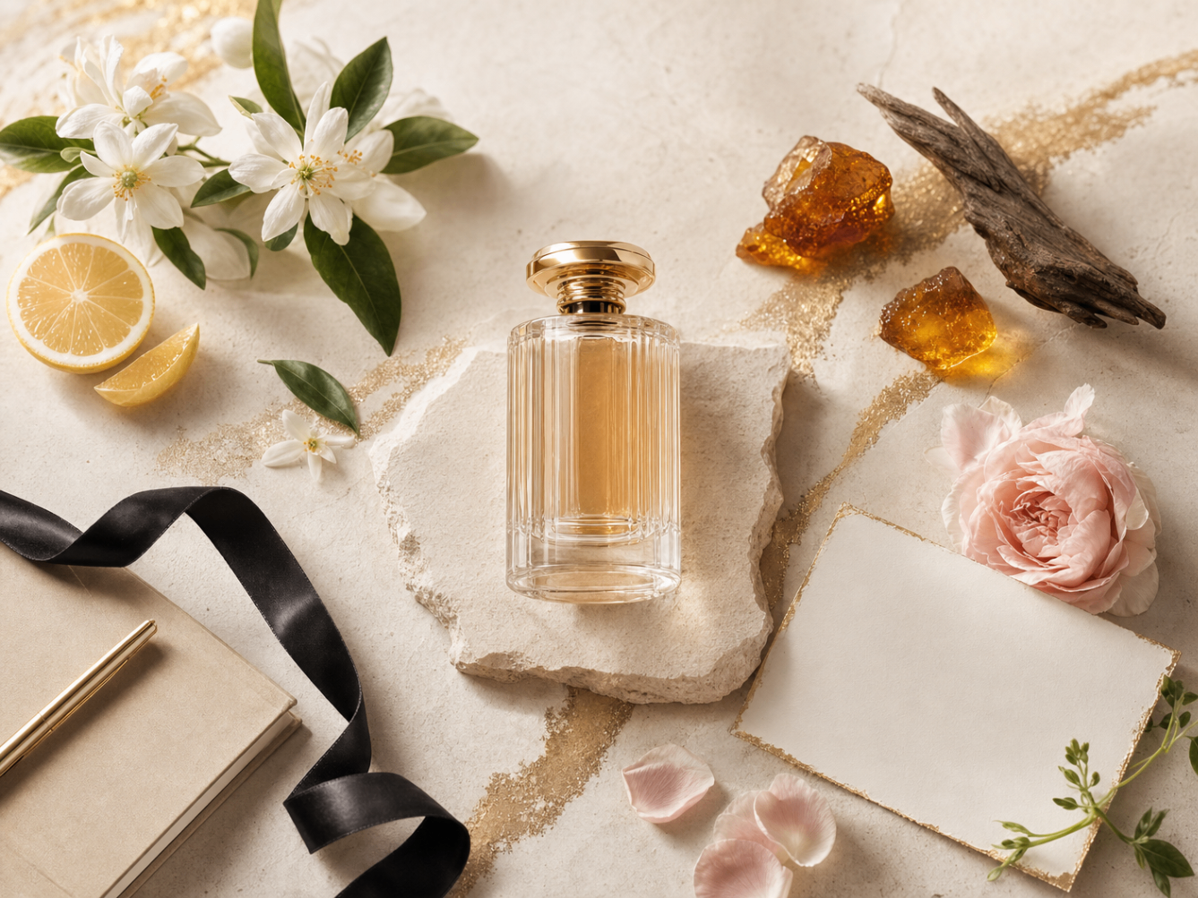 Frasco sobre mesa clara com flores, cítricos, madeiras e cartão em branco, sugerindo curadoria personalizada.